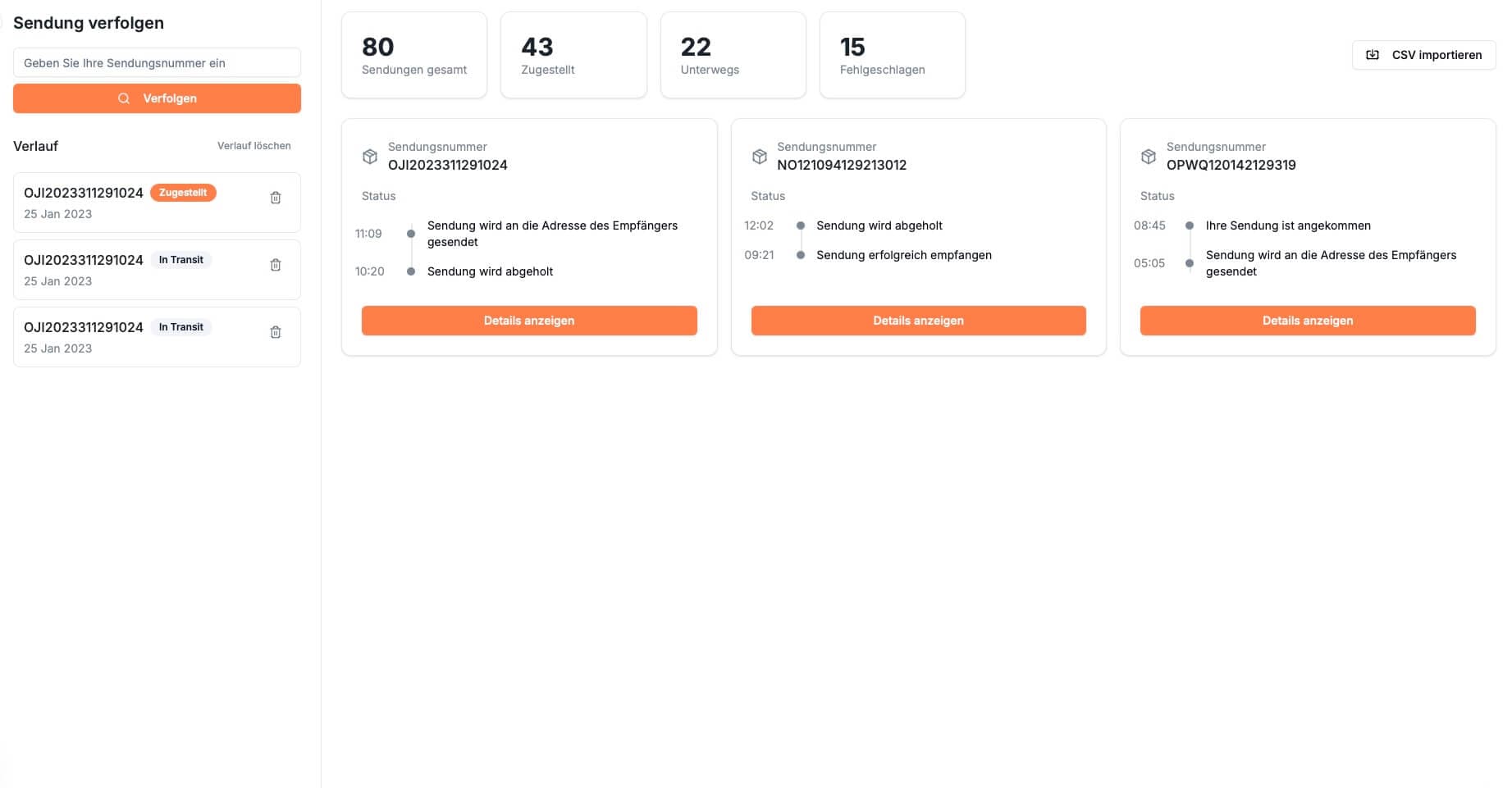Multi-Carrier Dashboard mit Live-Tracking und Kartenansicht