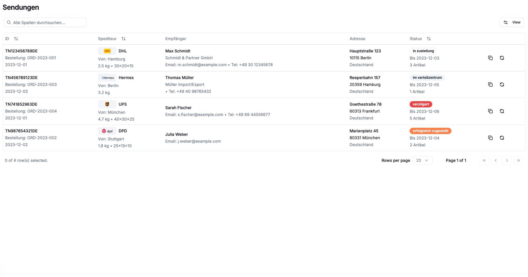 Multi-Carrier Sendungsübersicht mit Filterfunktion